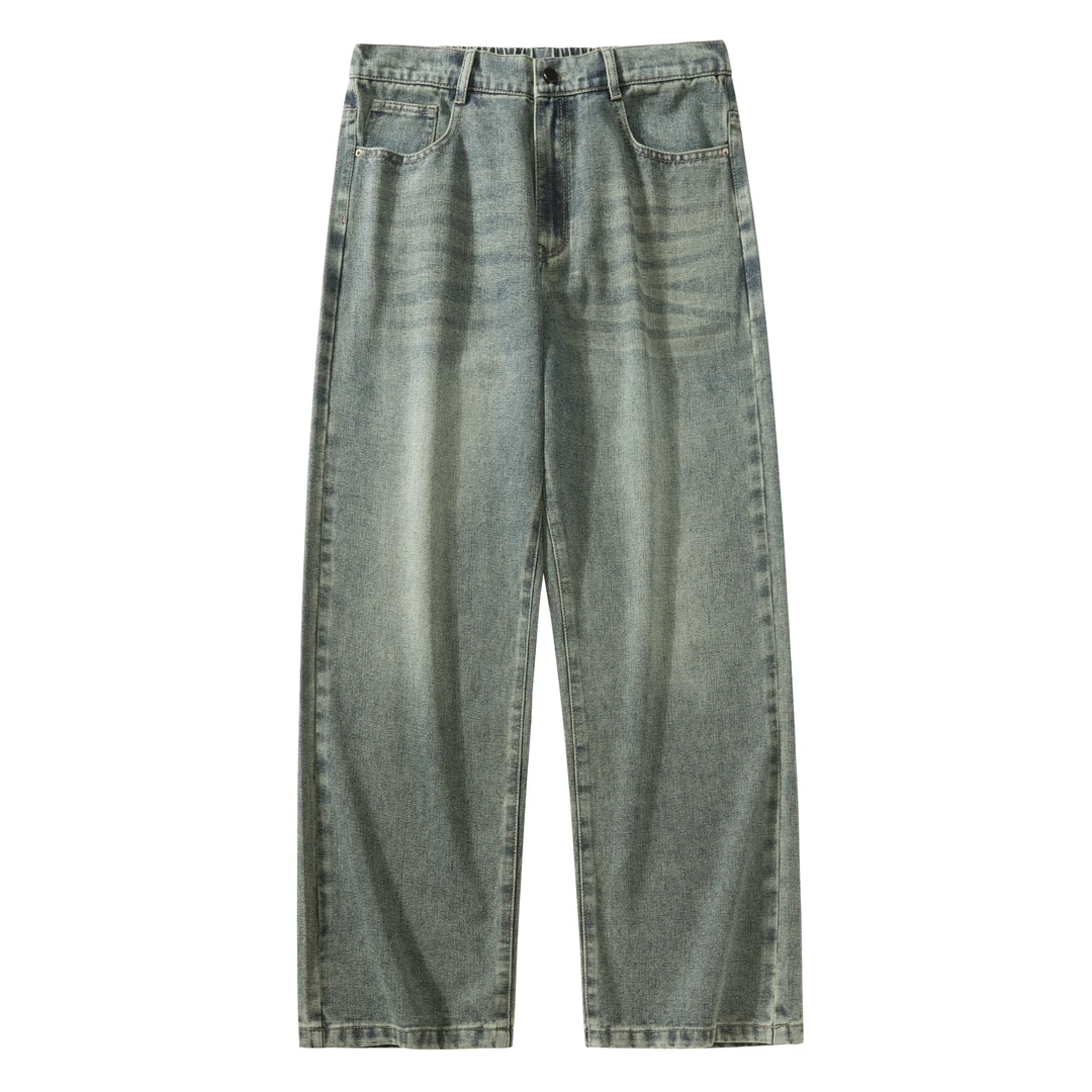 牛仔裤印花复古长裤男夏季时尚水洗宽松做旧男士休闲裤百搭