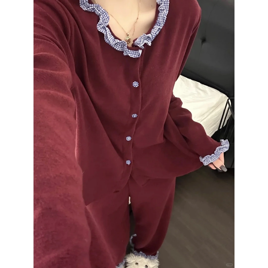 【DMXJ大梦想家】轻奢蕾丝德绒睡衣女秋冬季新款加厚保暖家居服套装