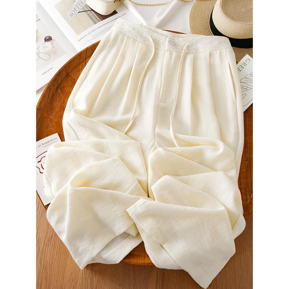 黄色休闲阔腿裤女夏薄款2025新款高级感蕾丝显瘦时尚冰丝直筒裤子