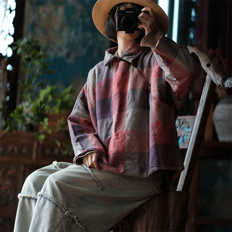 新款落古泥复古翻领盘扣套头宽松棉袍长棉衣红格