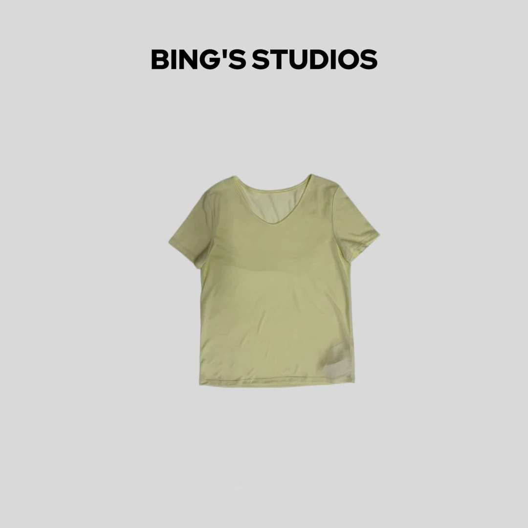 Bing Studios｜简约极简糖果色天丝莱赛尔V领T恤1058