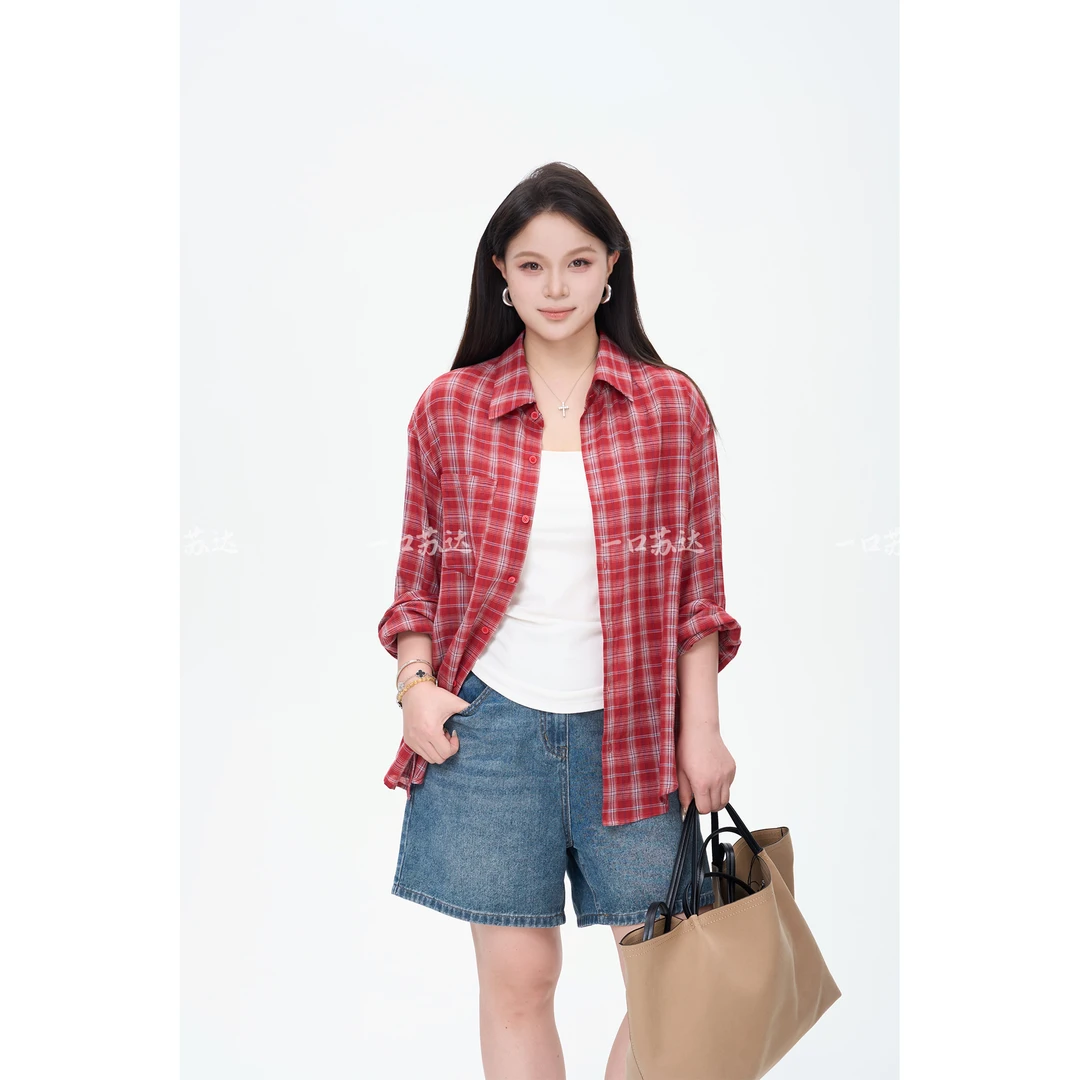 一口苏达红调格纹 松弛感韩系ins慵懒风小众女装休闲百搭显瘦衬衫