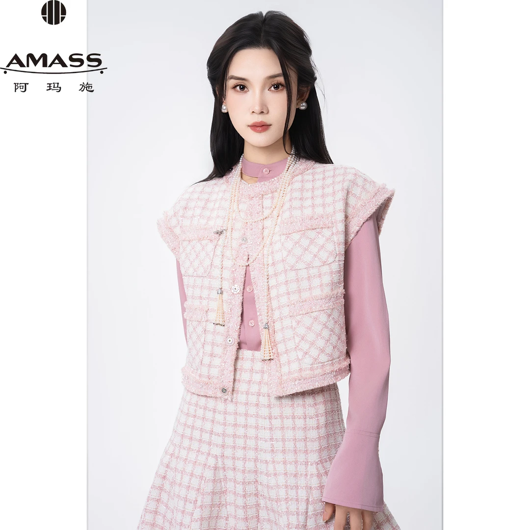 AMASS/阿玛施春夏新款气质粗花呢复古千金小香风短款马夹女540009