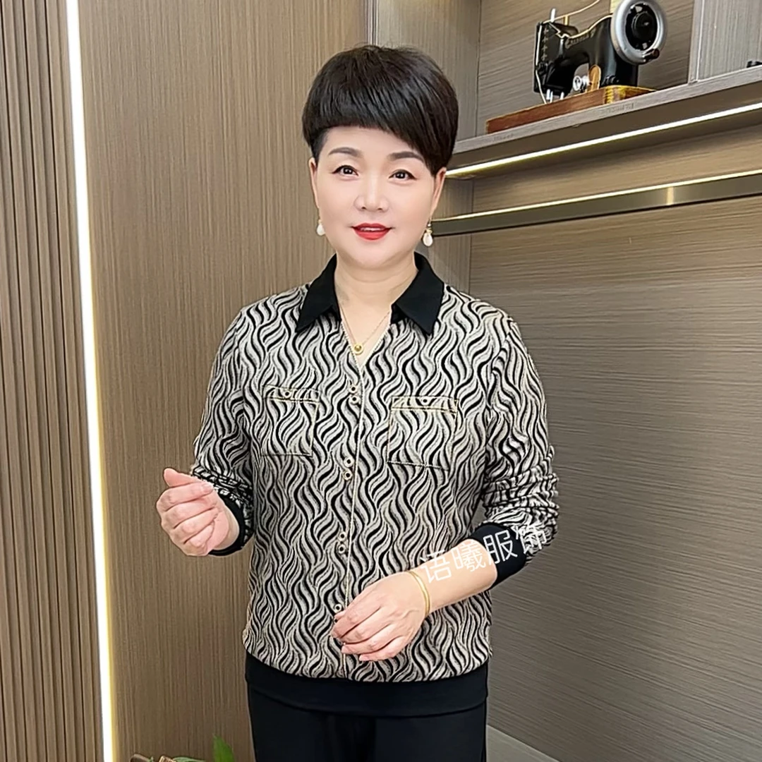 秋季水波纹剪刀领宽松型常规中老年女装长袖百搭短款上衣F9863