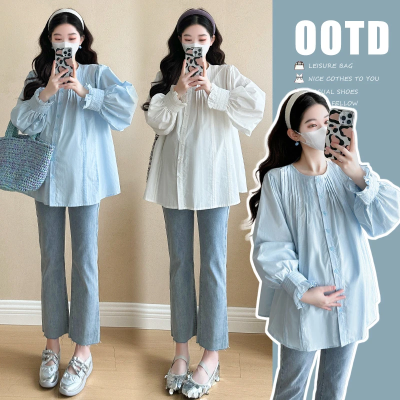 孕妇春装上衣2025年春秋新款时尚款衬衣中长款泡泡袖白衬衫打底衬