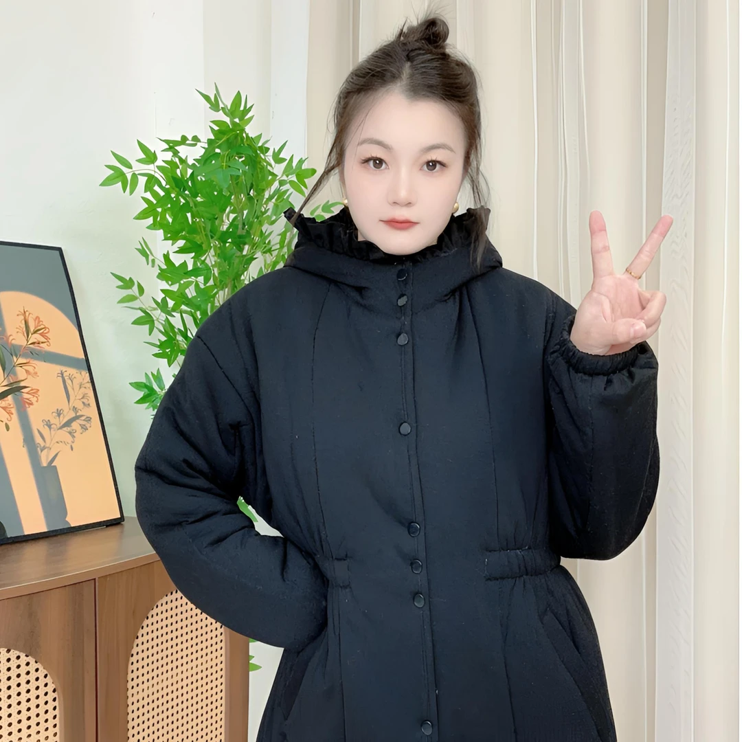 新疆棉花【纯黑色】收腰花边帽中长款宽松国风棉袄女款加绒加厚