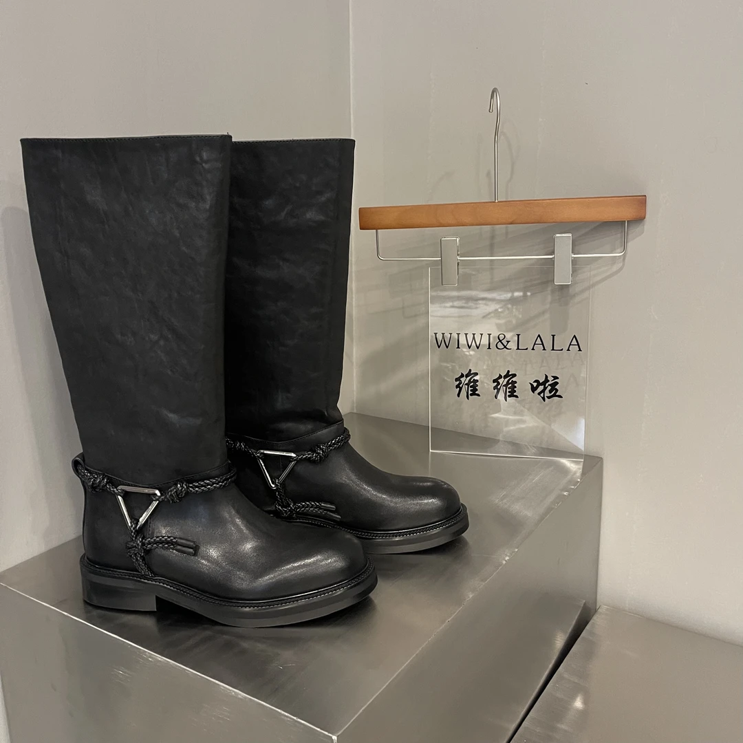 【维维啦】牛皮编织绑带皮里高靴9629-12