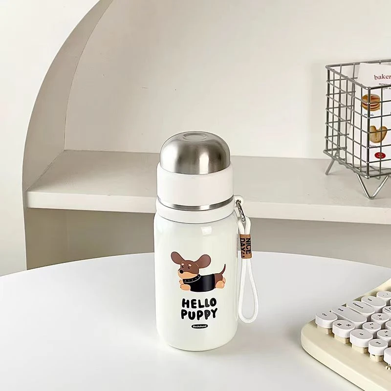 H467 可爱卡通腊肠狗钢盖保温杯携带方白色500ml