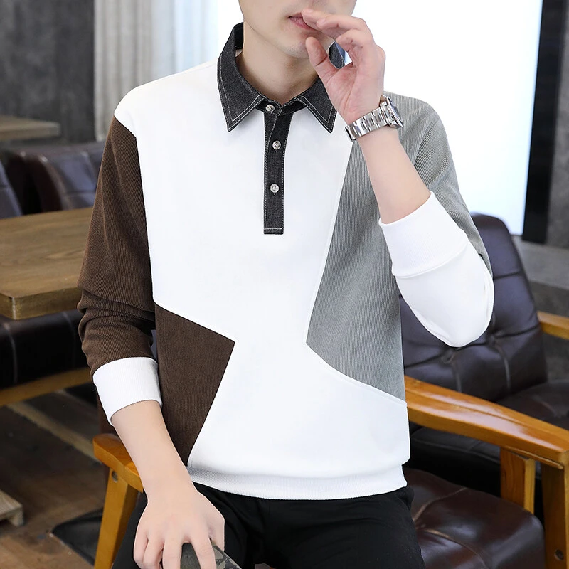 高档牛仔衬衫领卫衣男士春季新款时尚拼接打底衫百搭潮流休闲上衣