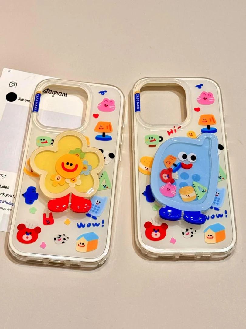 白底奶油壳多巴胺涂鸦支架适用于苹果华为荣耀vivo小米oppo手机壳