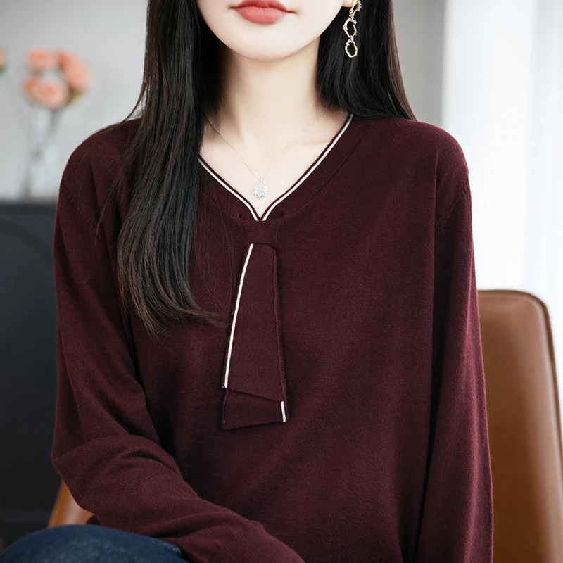 哥弟阿玛施正品小V领羊毛针织衫女士洋气复古色长袖宽松百搭秋冬