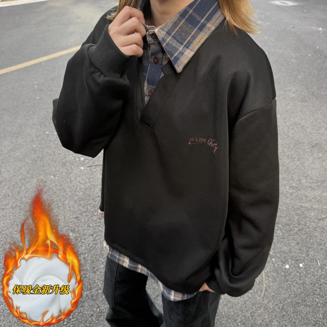 假两件衬衫领卫衣男秋冬季美式潮牌撞色拼接宽松cleanfit上衣外套