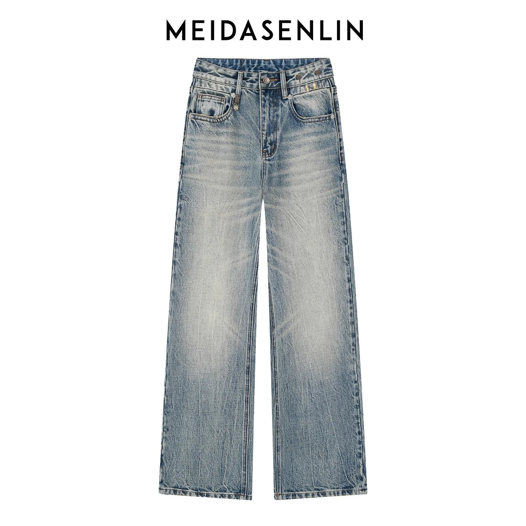 2025【美搭森林】树皮大牛-早秋复古蓝无弹阔腿裤牛仔裤女16237