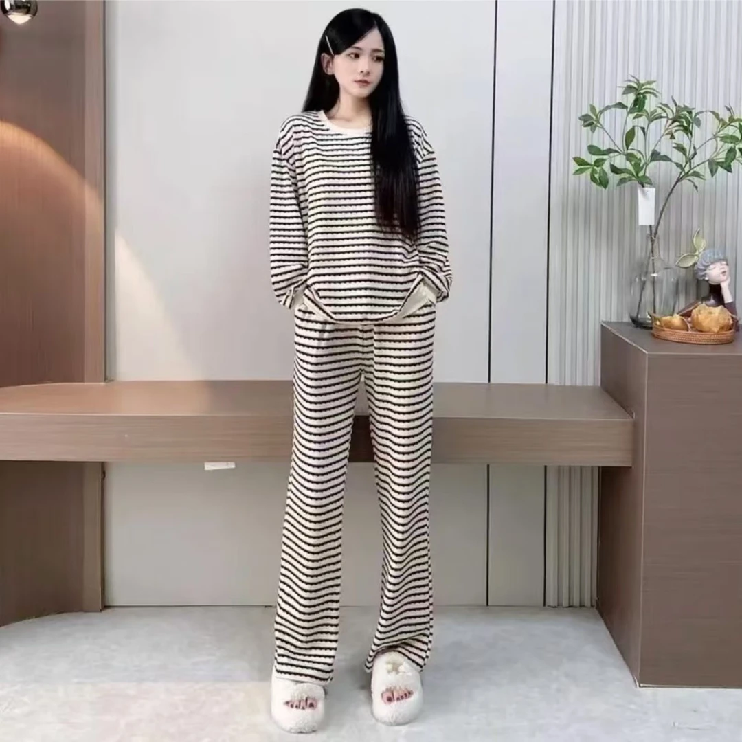【胸垫款】纯棉条纹长袖睡衣女套装新款韩版女士家居服外穿