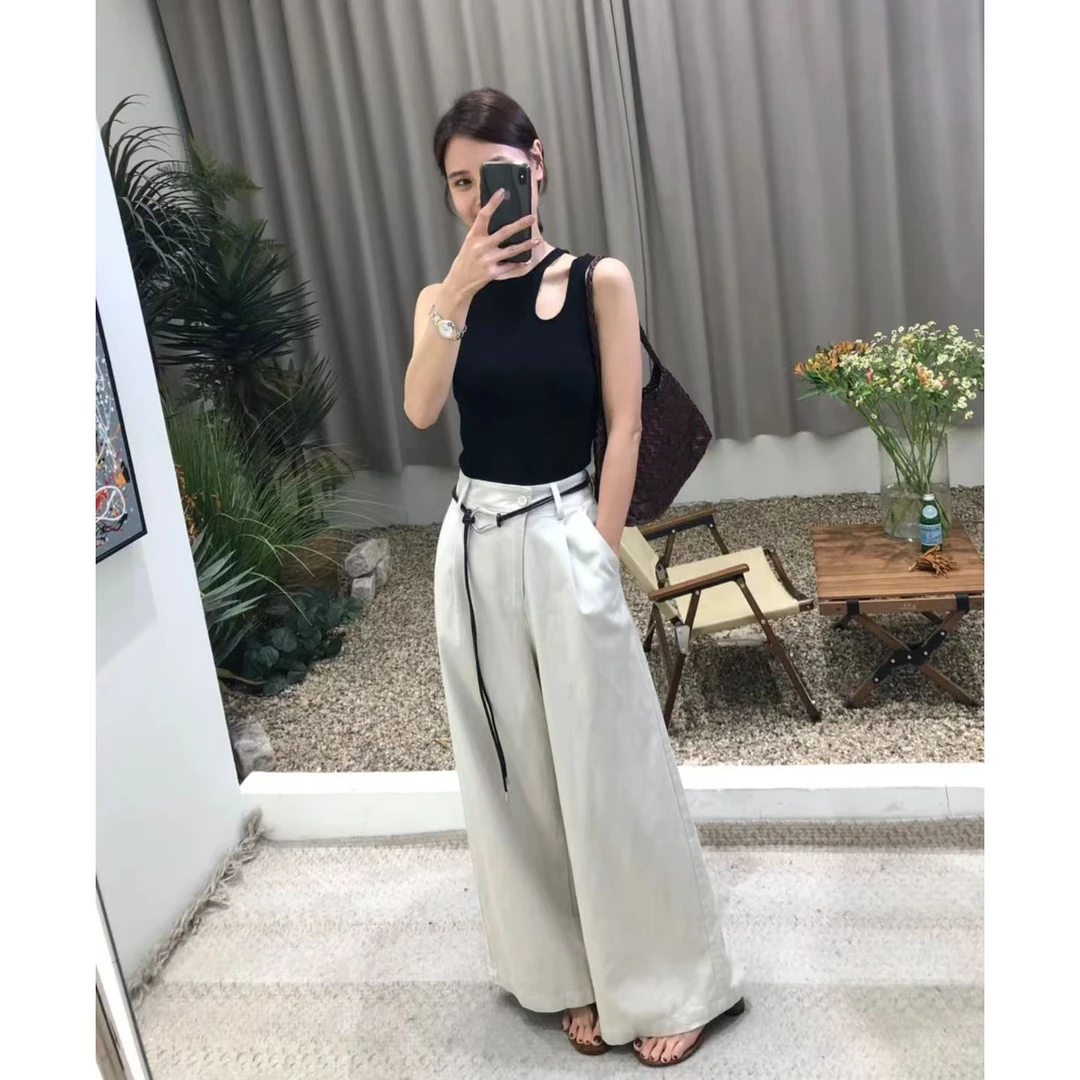 莱赛尔天丝牛仔裤～夏季高级感时尚慵懒斜腰阔腿裤白色百搭长裤