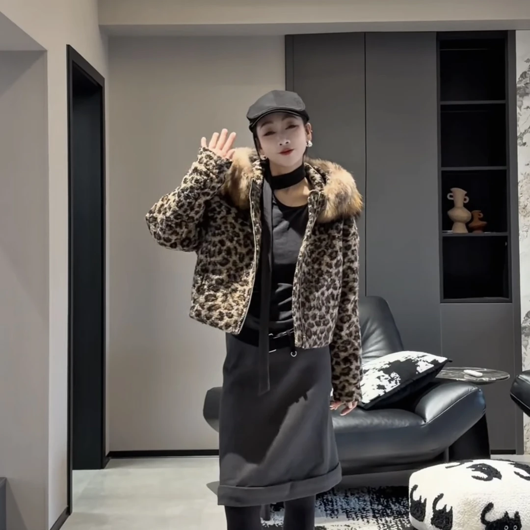 欧货冬季新款美式复古豹纹90 白鴨絨羽絨加绒连帽短外套羽絨