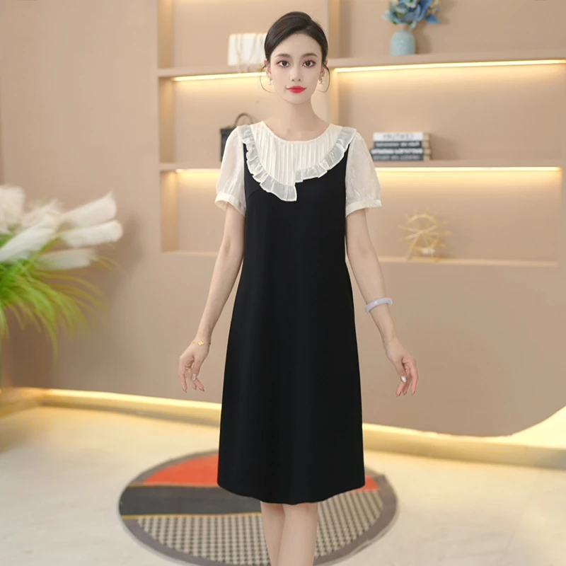 气质连衣裙新款小黑裙显瘦夏季拼色设计感减龄中长款时尚裙子女