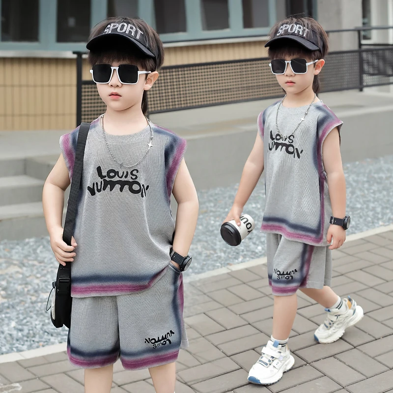宇轩童51414夏季男童纯棉薄款喷绘无袖休闲背心套装洋气夏装儿童