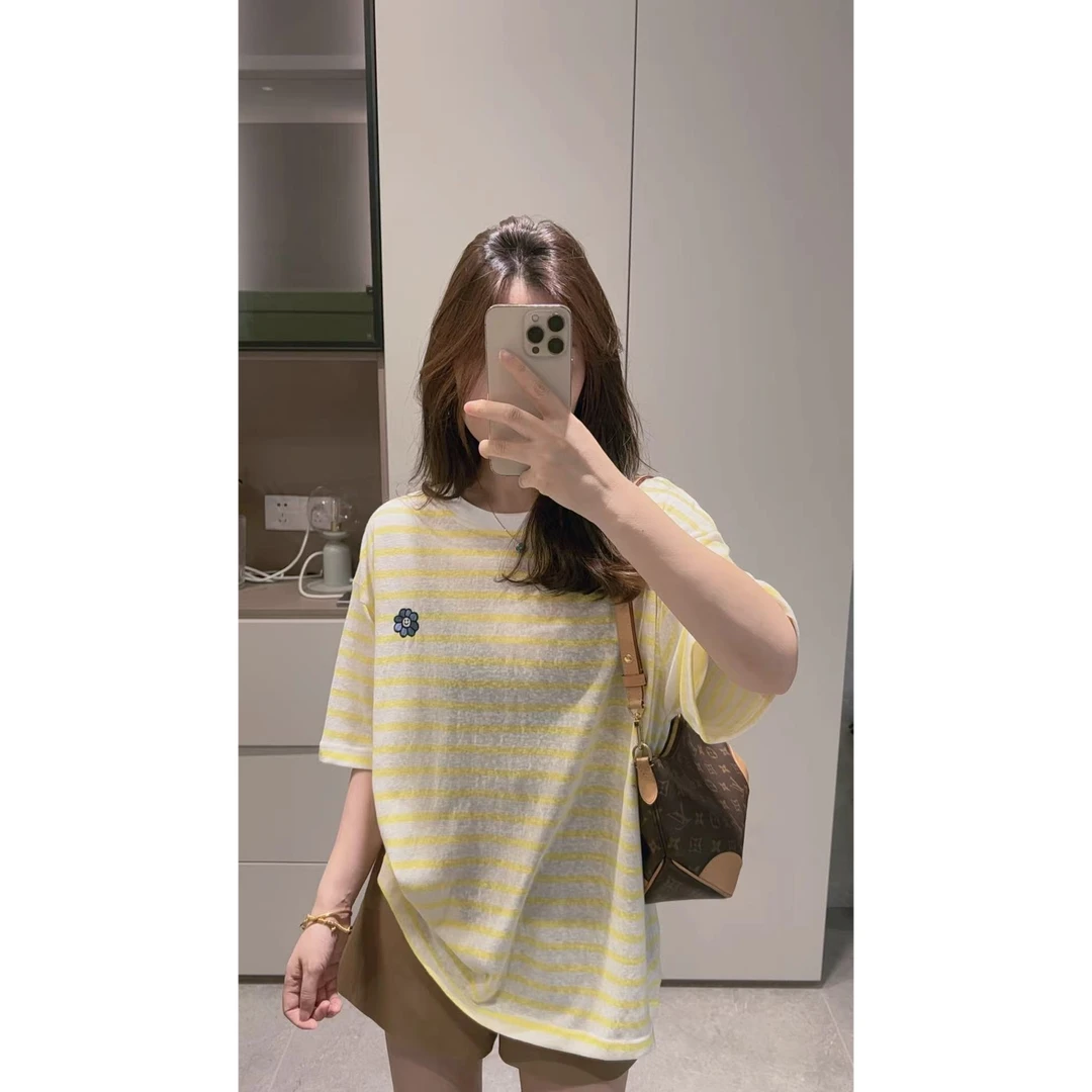 【阿玲实拍】雪花棉条纹T恤女2025夏季新款宽松短袖减龄百搭休闲风