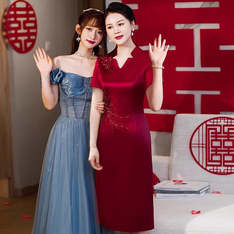 2025新新款婚礼妈妈礼服旗袍醋酸缎高档喜婆婆改良旗袍礼服中长款