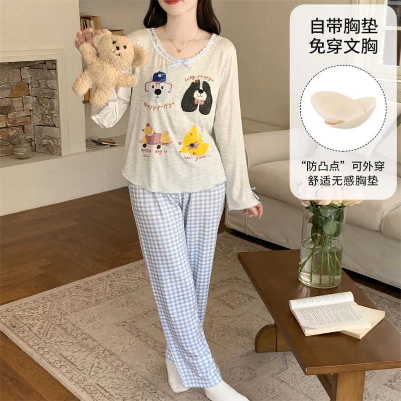 2025新款莫代尔睡衣女春秋季长袖带胸垫可爱小狗家居服套装可外穿