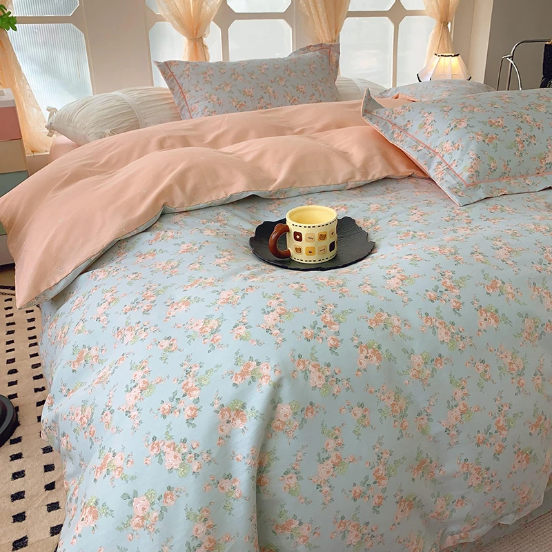 店主自用开春四季可用轻奢全棉斜纹四件套小清新印花被套床单纯棉