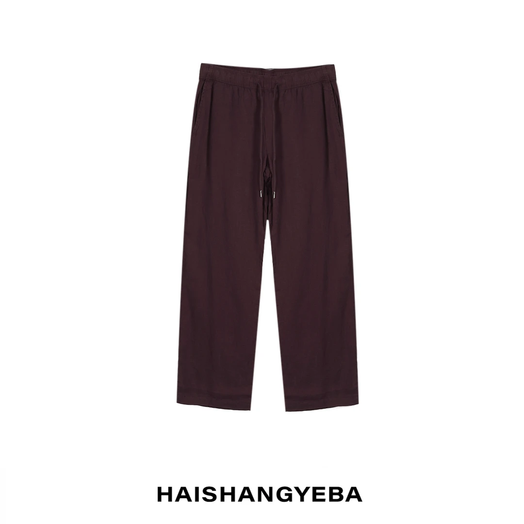 【海上叶爸】新款2024春夏百搭亚麻宽松简约纯色抽绳男女同款休闲裤
