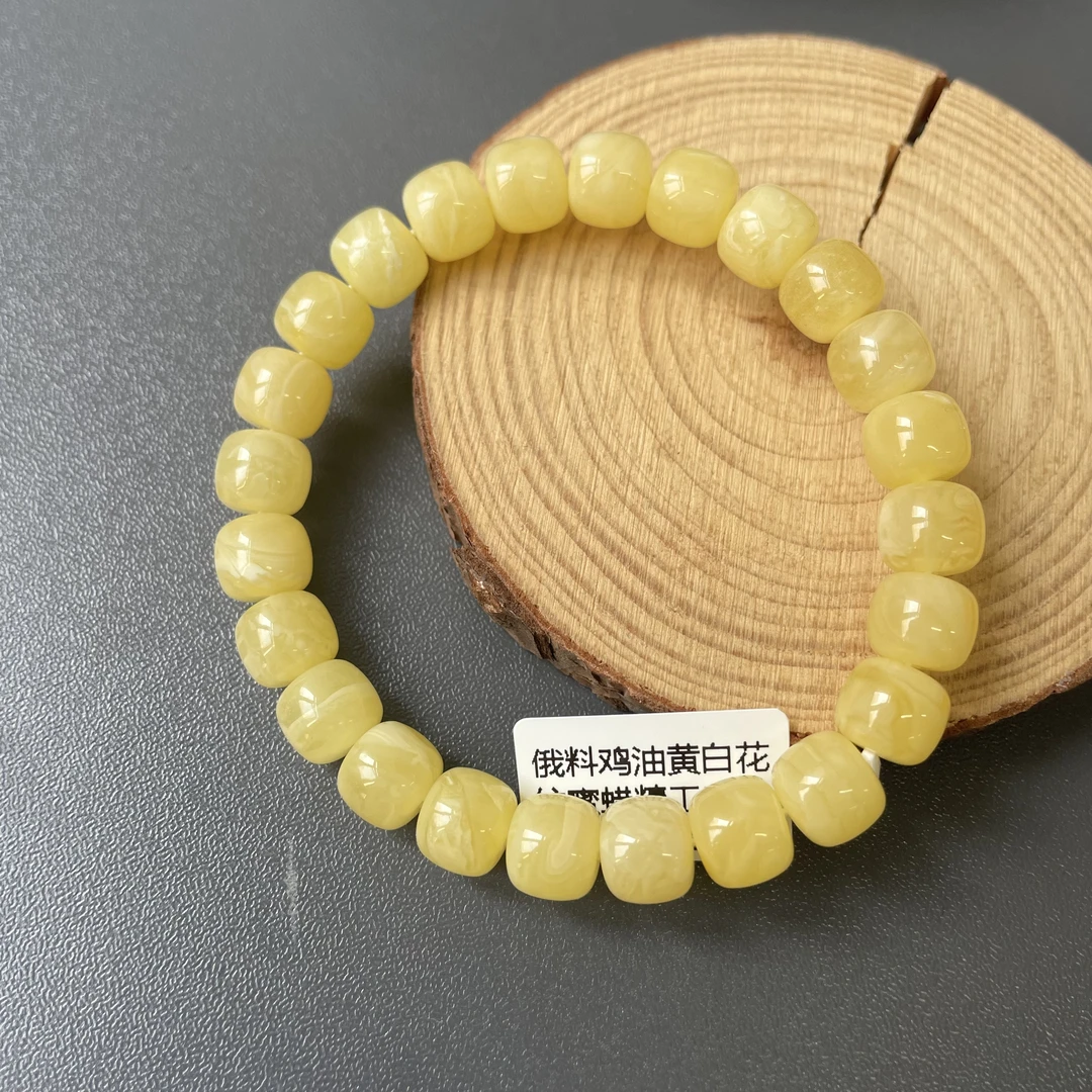 俄料鸡油黄白花纹蜜蜡精工归圆老型珠单圈约7*8mm