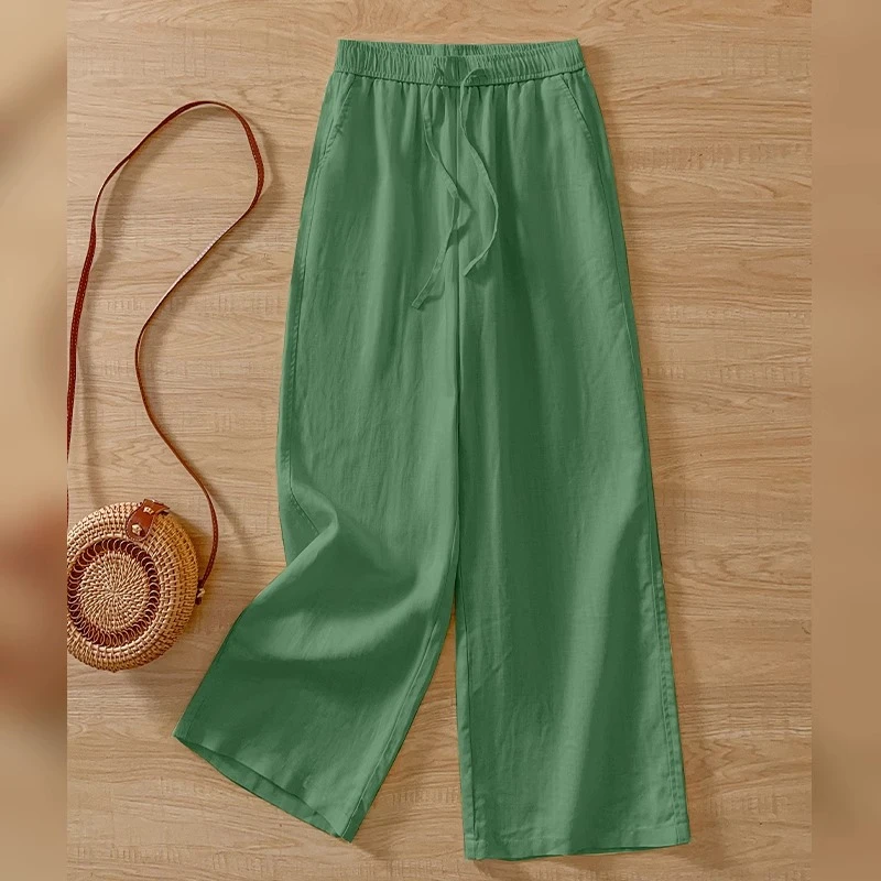 绿色亚麻阔腿裤女夏薄款2025新款休闲垂感九分裤天丝抗皱棉麻裤子