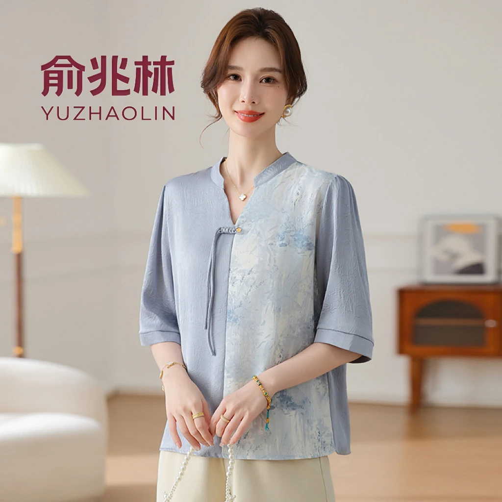 纯色时尚薄款衬衫V领中国风复古中老年女装洋气民族风上衣