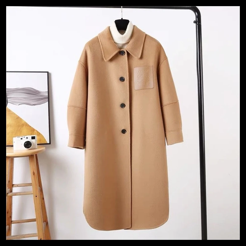 284X【知后轻奢定制】时尚驼色翻领单排扣印花口袋百搭款大衣