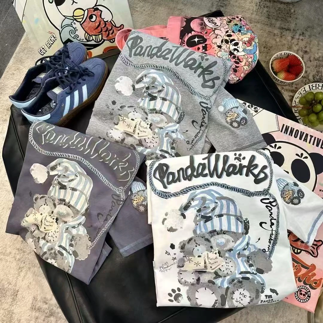 熊猫纸袋[蓝色玩偶·麻丝系列]设计师手绘插肩撞色系长袖T恤-120