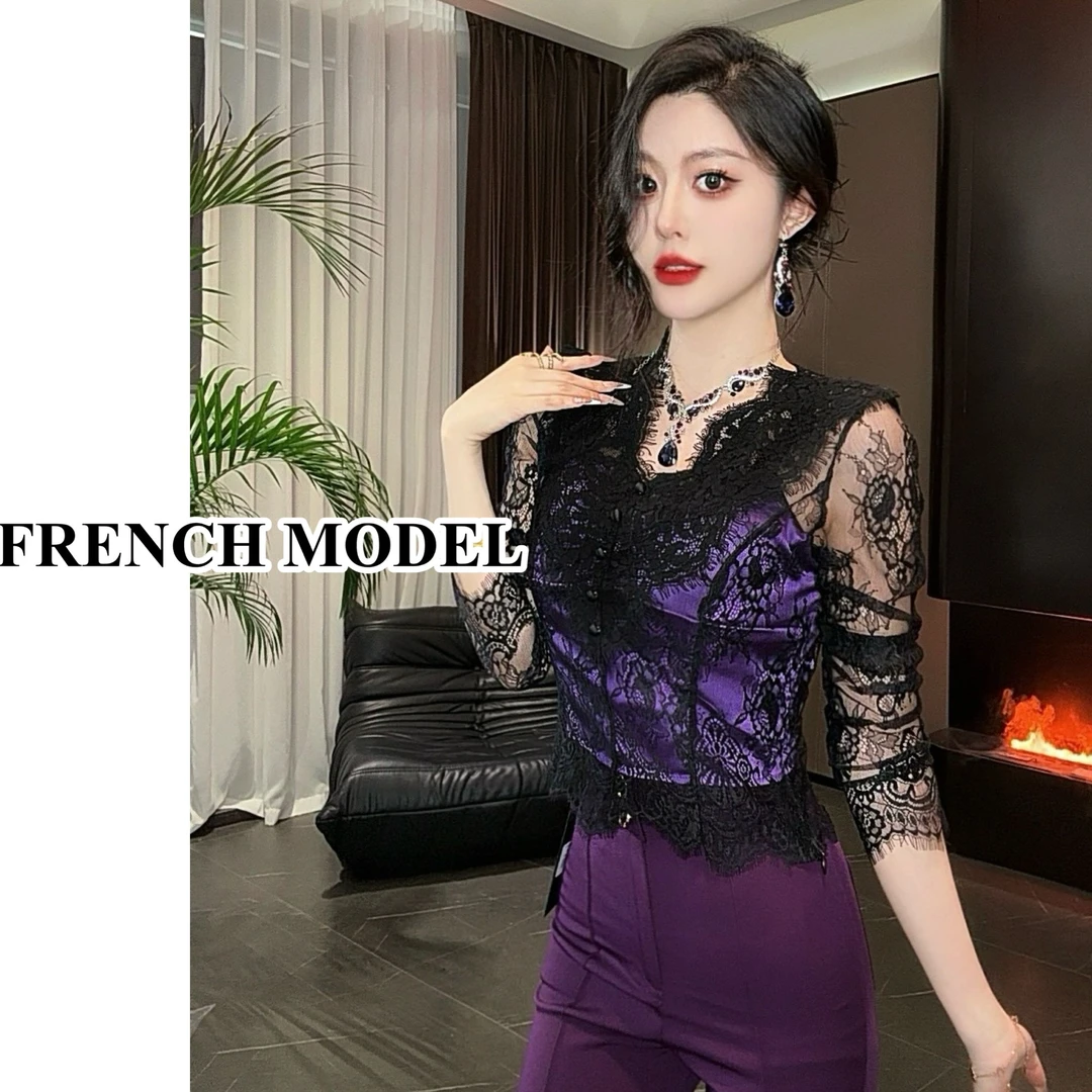法模FRENCH MODEL.YY 2025春季V领蕾丝时尚长袖打底上衣 90270026