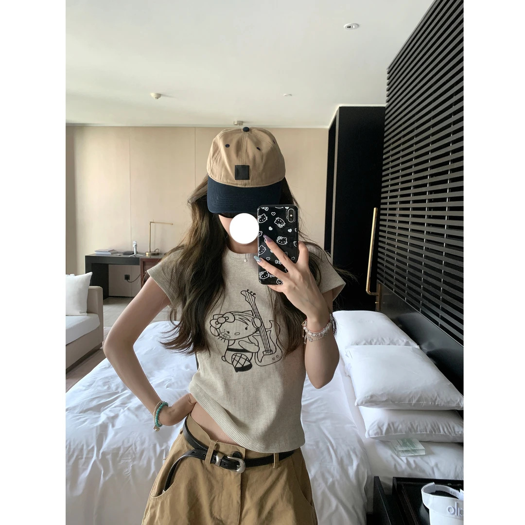 美式复古朋克小猫印花正肩短袖T恤女夏季显瘦设计感甜辣短款上衣