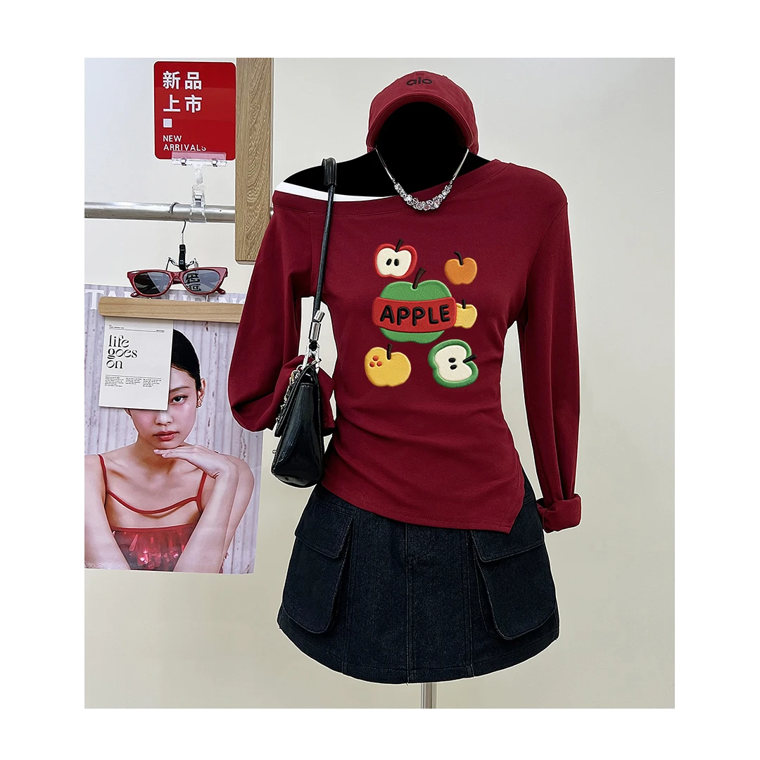 美式复古早秋辣妹斜肩长袖t恤女秋冬新款露肩修身打底衫上衣潮