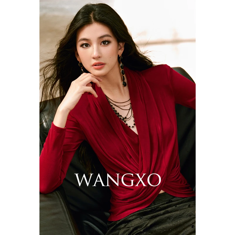 WANGXO   重磅醋酸针织交叉荡领修身上衣253812W