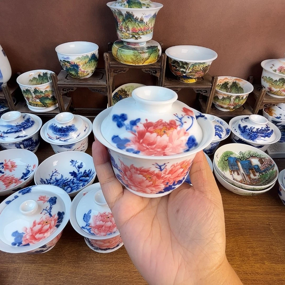 忠意堂釉下彩红牡丹盖碗微瑕不退