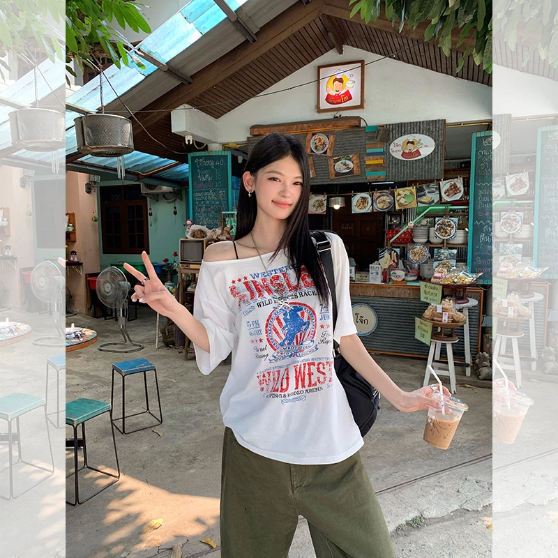 ED.lumoder夏季休闲短款设计感百搭辣妹风烫印短袖T恤D5T1678