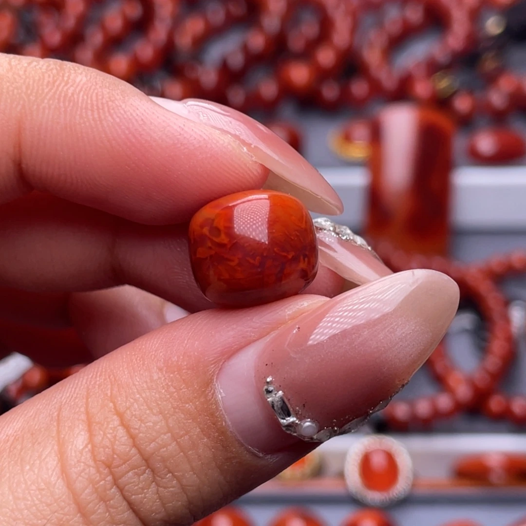 南红玛瑙未镶嵌其他12.7mm瓦西玫红火焰纹满肉老型原矿单珠（孔瑕