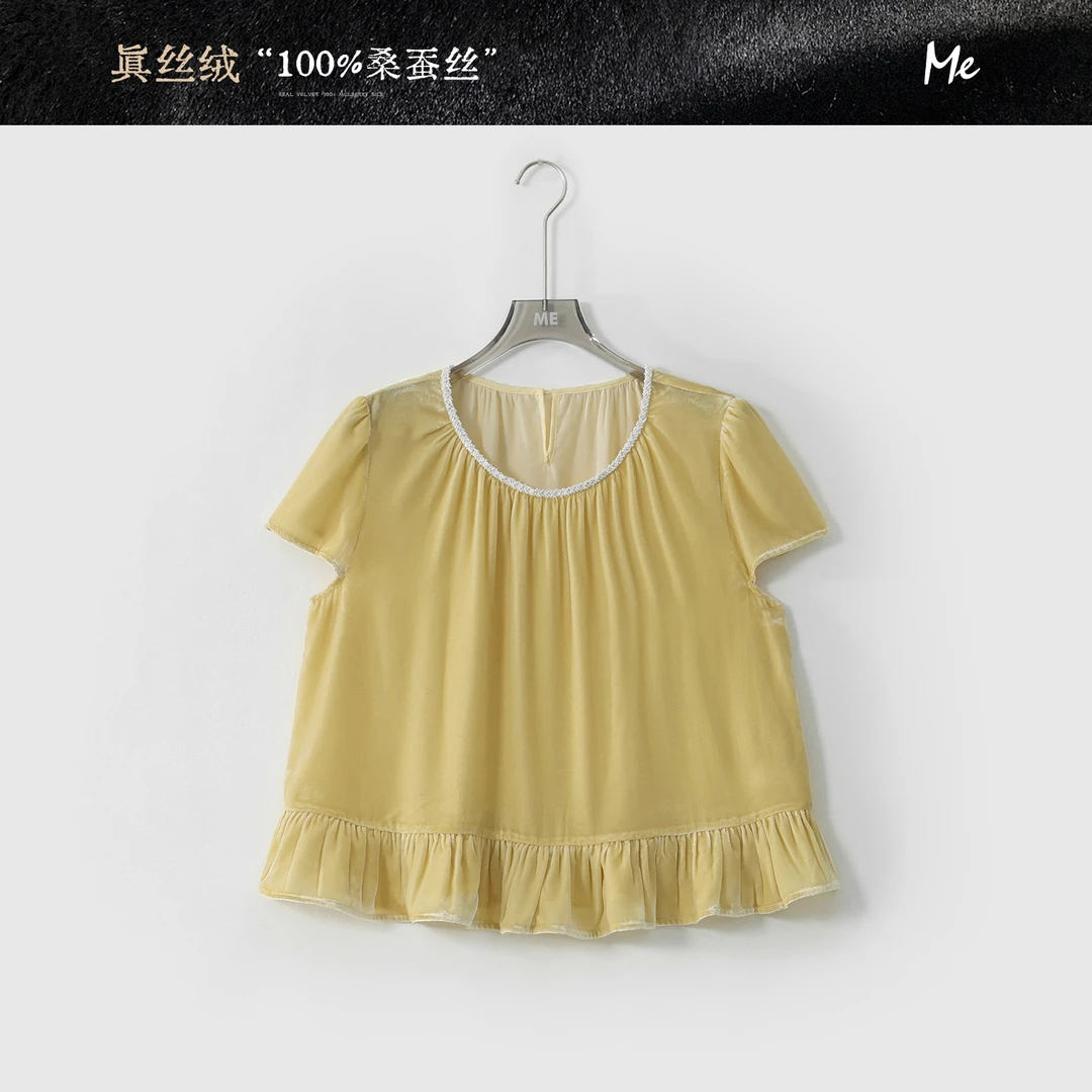 ME【真丝甜心教主】100桑蚕丝千金感显瘦时尚百搭短袖上衣MESS4830