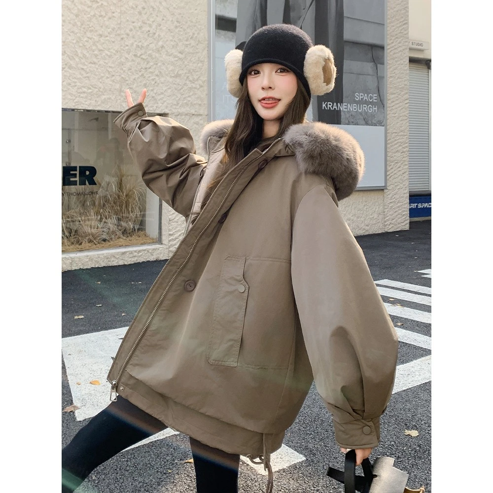 大毛领卡其色连帽派克羽绒服女冬超火好看高级感加绒加厚工装外套