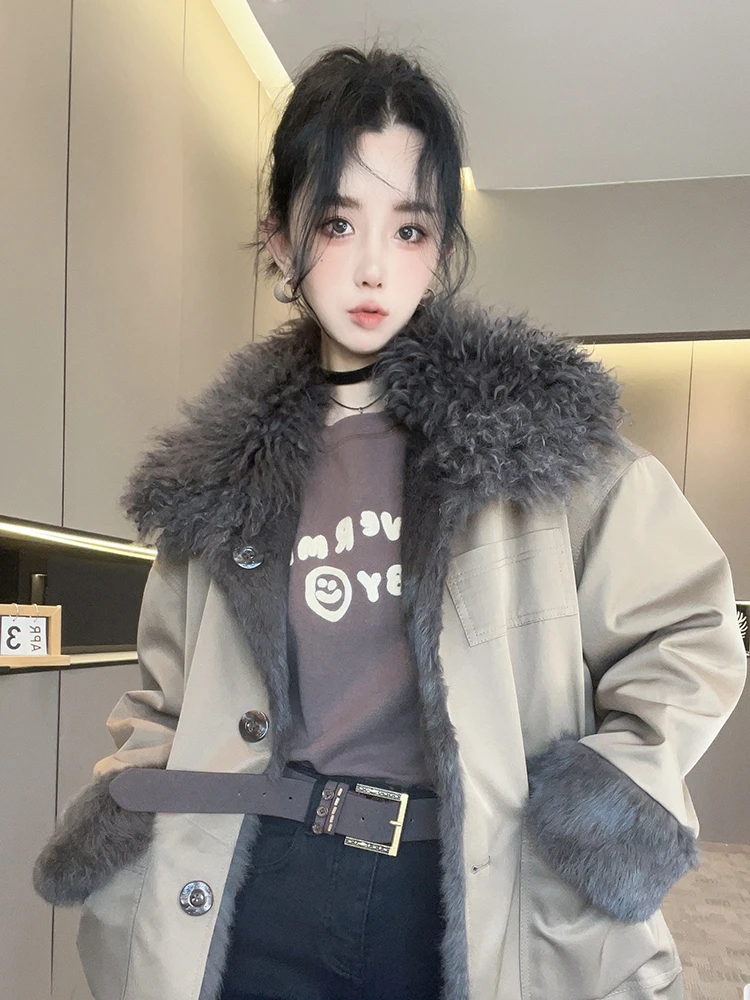 两面穿羊羔毛领兔毛内胆外套女2025秋冬新款中长款保暖长袖上衣