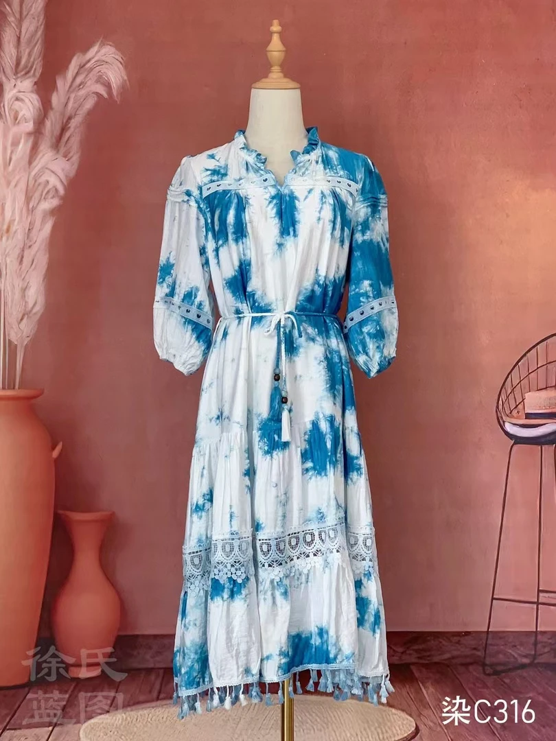 扎染长袖A字裙夏季吊带V领连衣裙设计师碎花长款长裙