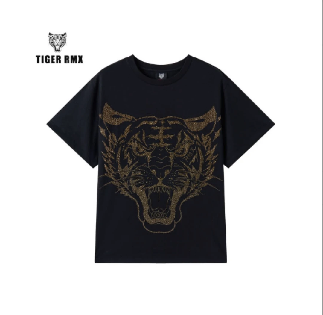 TIGERRMX夏季轻奢男款潮牌圆领黑色重磅丝光棉老虎头纯棉烫钻短袖