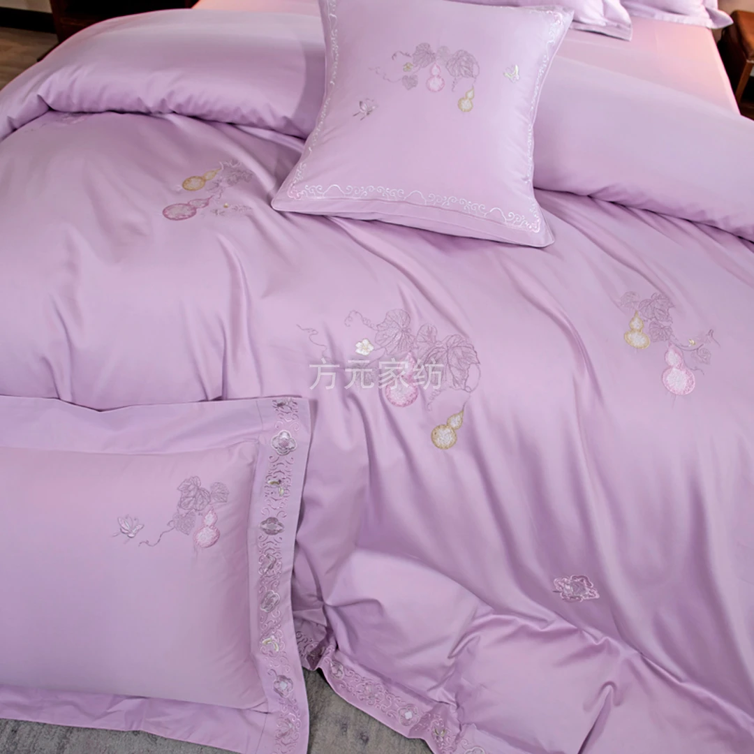 福蝶满园fdmy紫色婚嫁全棉贡缎四件套原创设计师丝滑绣花伴手礼