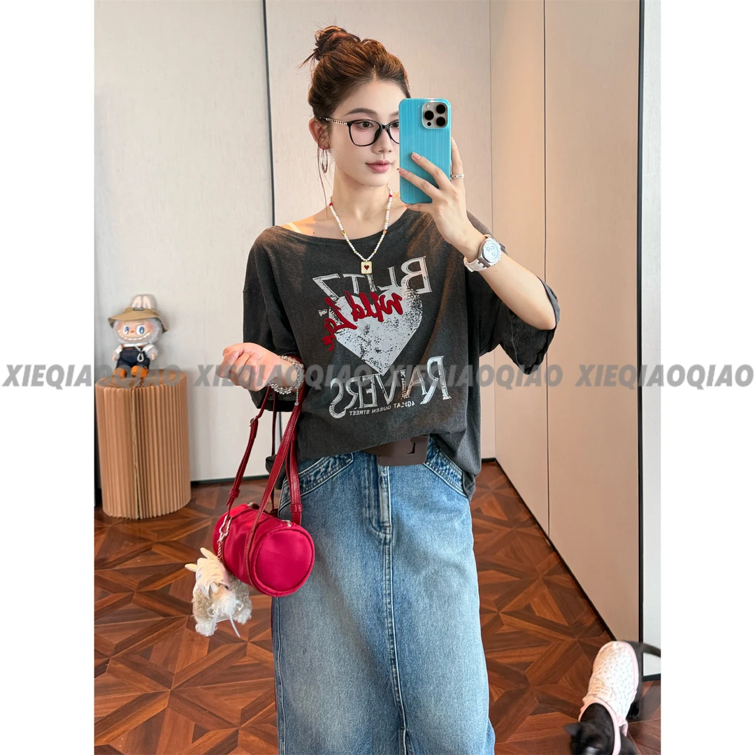 谢荞荞「爱心转角」夏季新款慵懒风斜肩一字领短袖百搭T恤