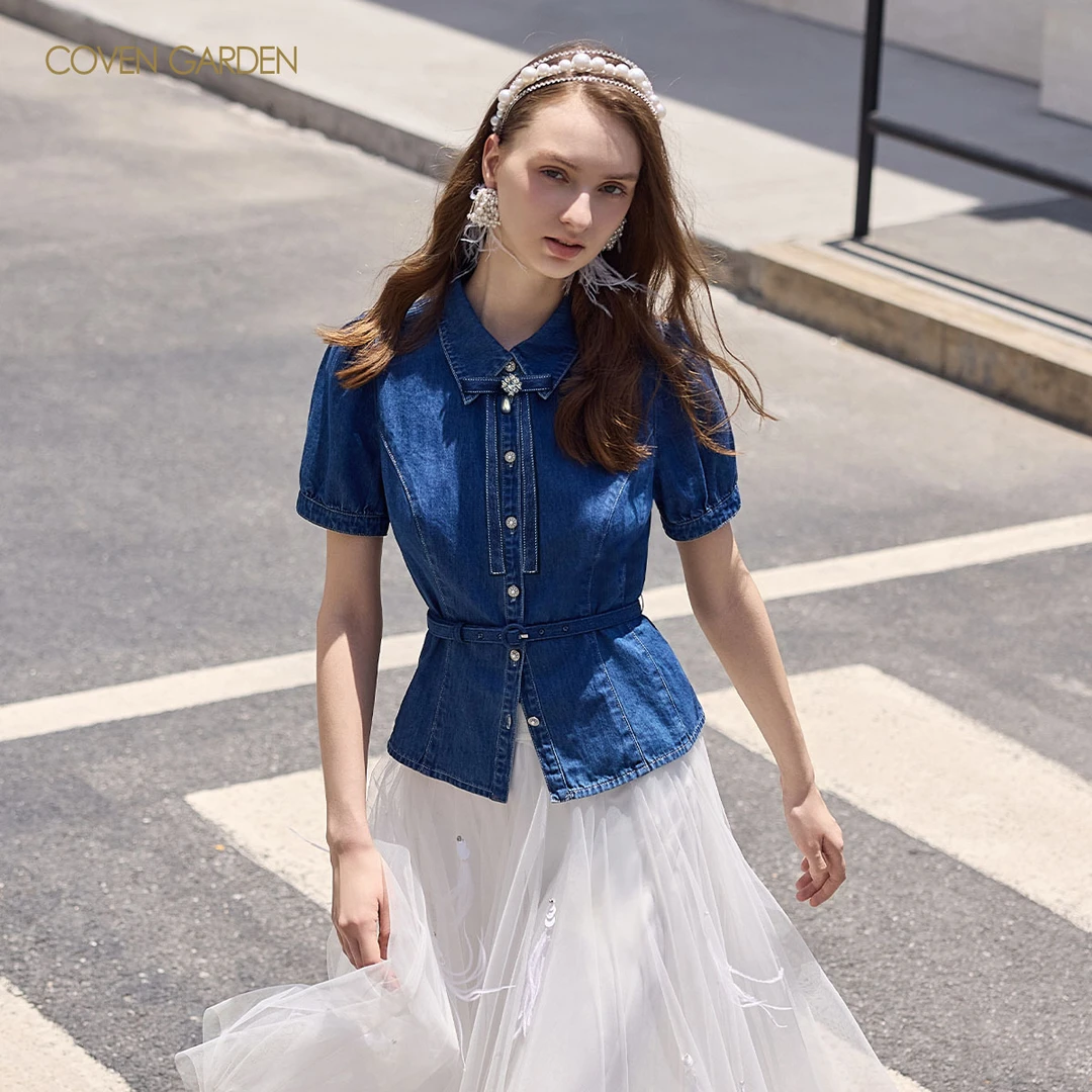 【哥文花园】2025早秋新款收腰牛仔衬衫女短袖衬衣 CSA3012210