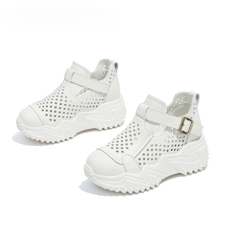 万达撤柜头层牛皮增高厚底秋季凉鞋女2025新款镂空透气软底不累脚