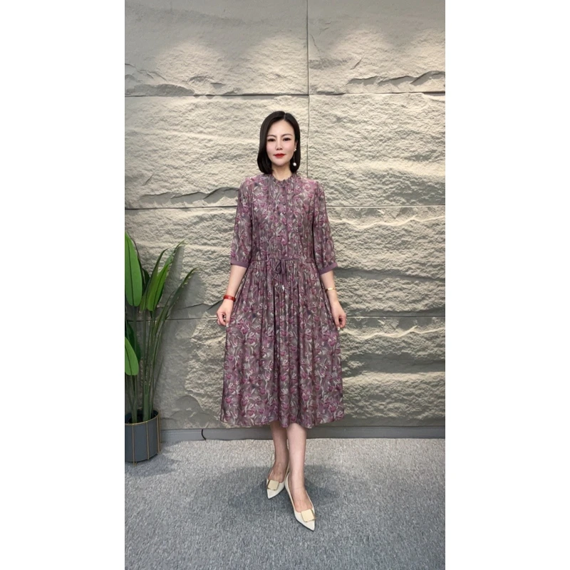 【千姿燕】5385新款花边领紫色富贵花收腰显瘦气质时尚女装连衣裙
