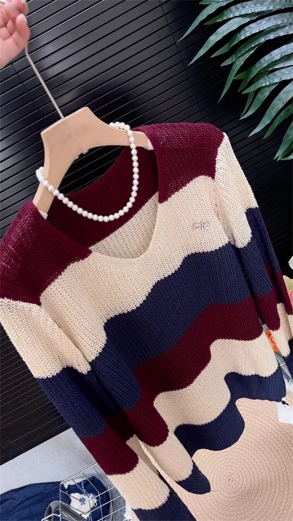 日韩气质时尚女装条纹撞色毛衣套头衫2025秋装慵懒风宽松针织小衫